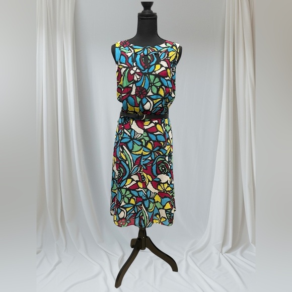 I Le New York Sleeveless Dress Womens Art Deco Floral Keyhole Neck Belted Sz 14W - Picture 5 of 5